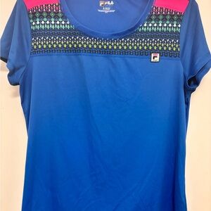 Fila Women's Blue Tee with Pink and Yellow Accents